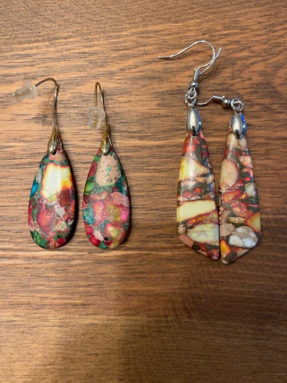 2 Pair Colorful Jasper Style Teardrop Dangle Earrings Bundle Boho Statement